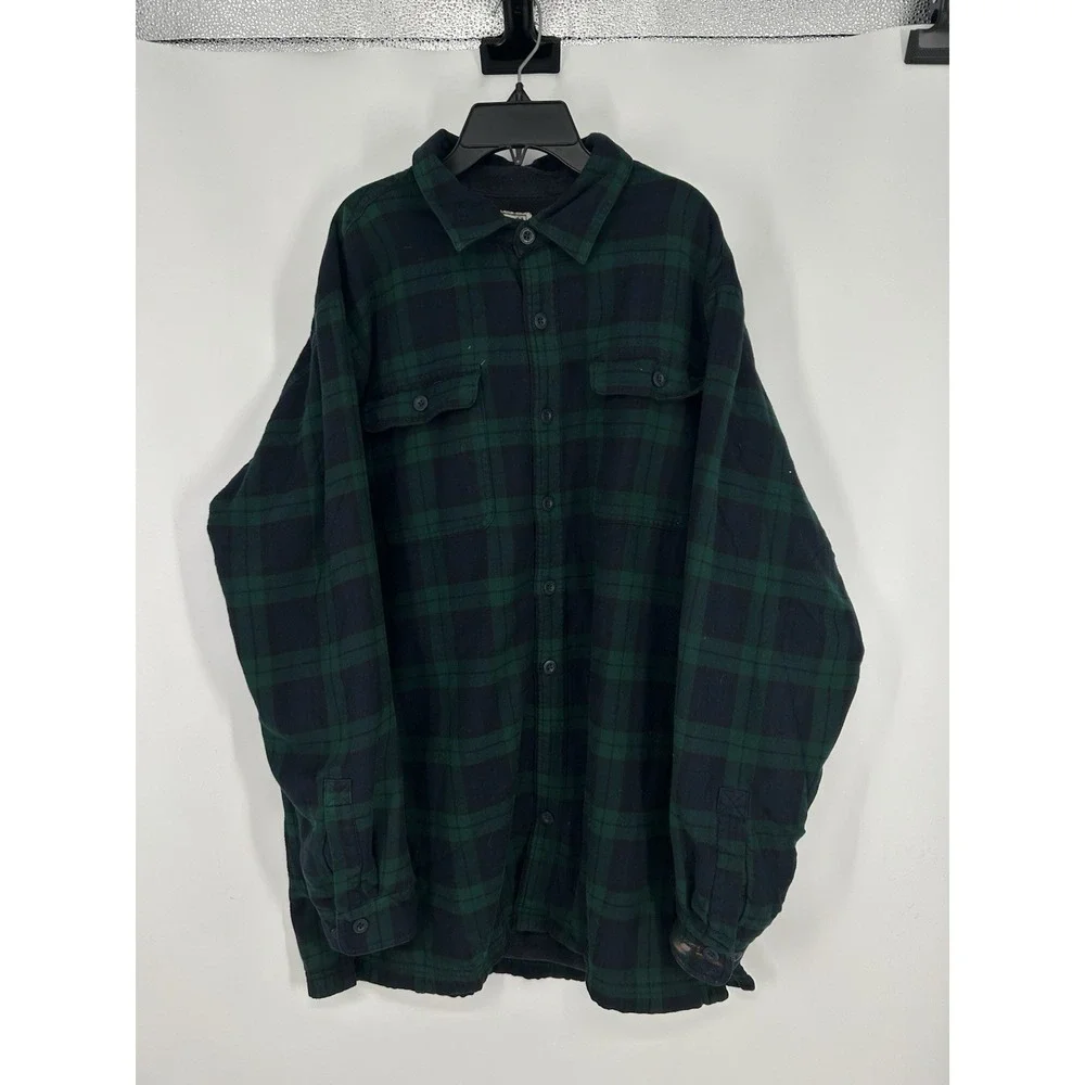 LL Bean Flannel Button Up Shirt Fleece Lined Green Navy Blue‎ Size Large Tall LT